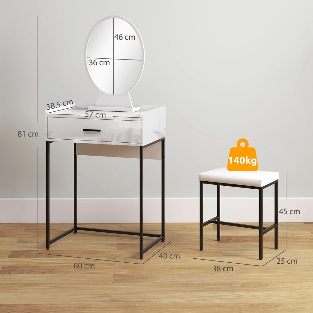 HOMCOM Set Masă de Toaletă cu Oglindă, Sertar și Scaun Căptușit, Alb | Aosom Romania
