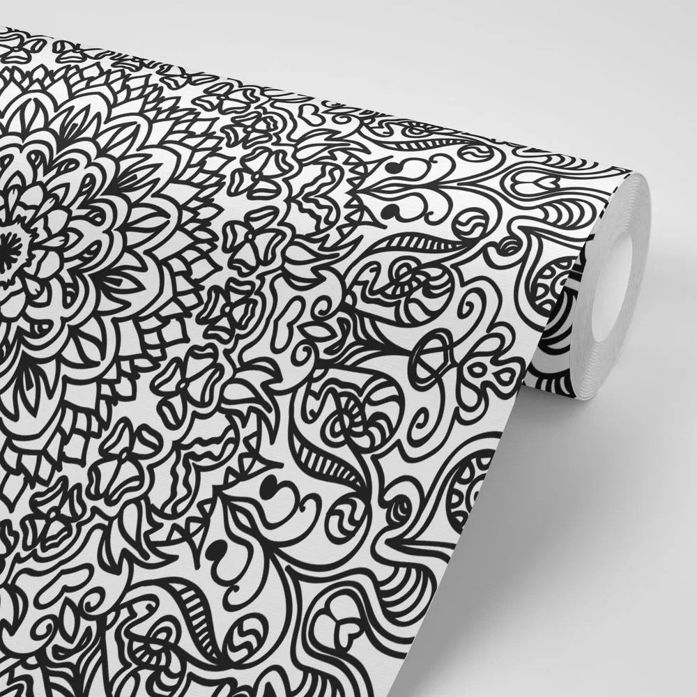 Tapet ornament cu motiv floral în alb-negru