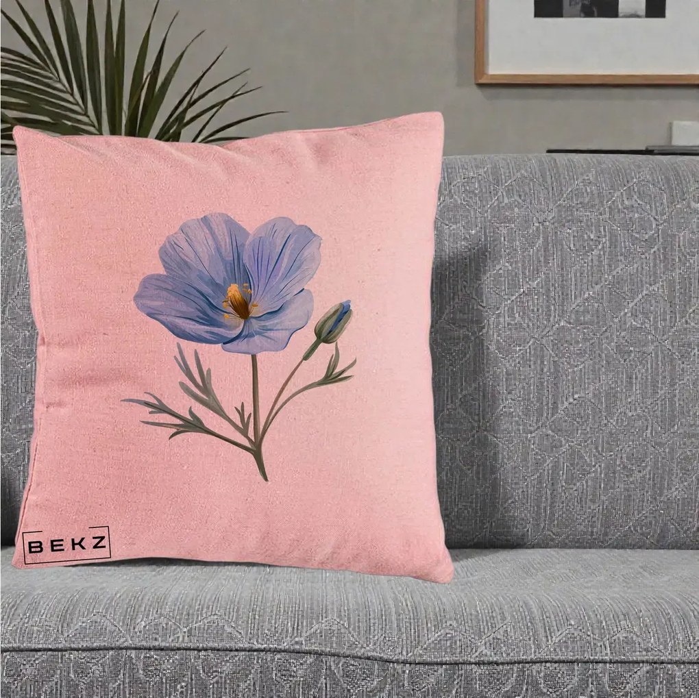 Perna Decorativa Mac Albastru Acuarela, 40x40 cm, Roz, Husa Detasabila, Perna Inclusa, BEKZ®