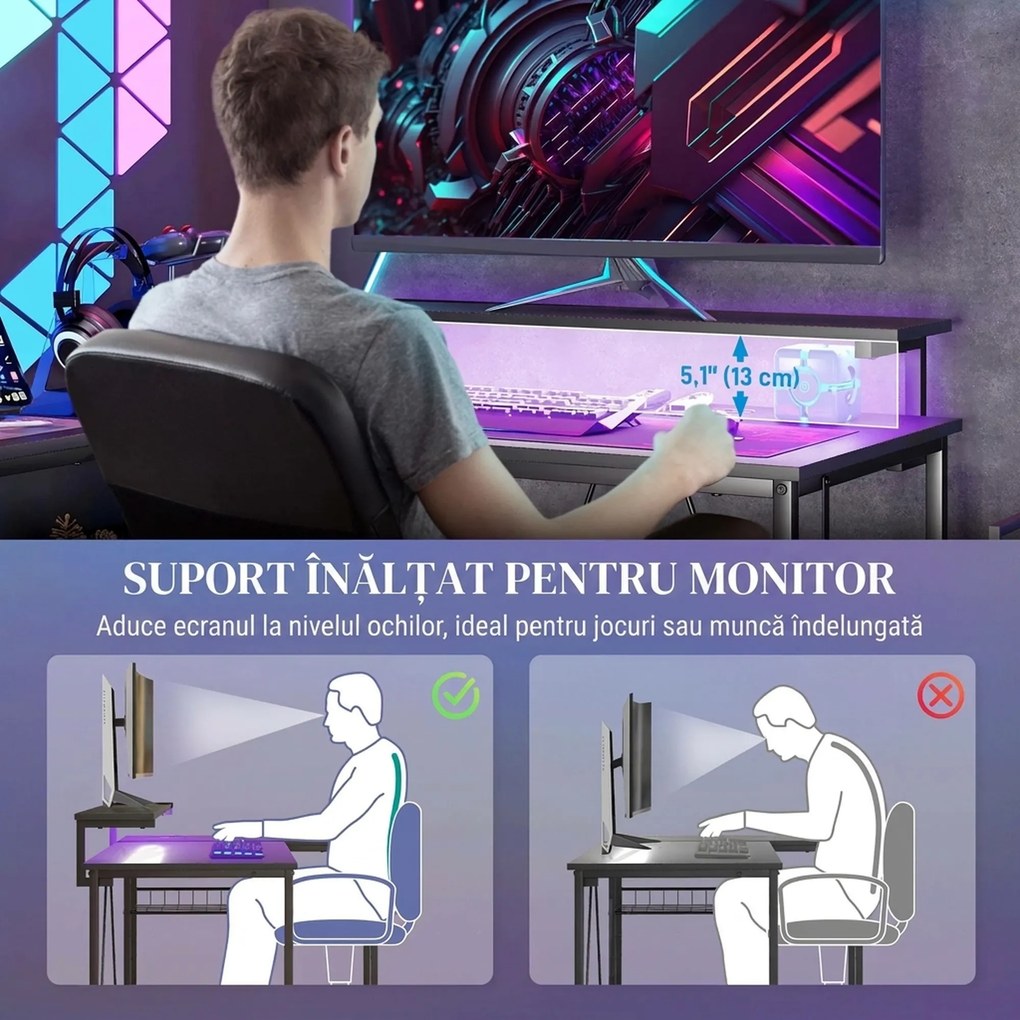 HOMCOM Birou de Gaming în Formă de L cu Lumini LED, Birou de Colț Reversibil cu Rafturi de Depozitare, 107x80x90 cm, Negru | Aosom Romania