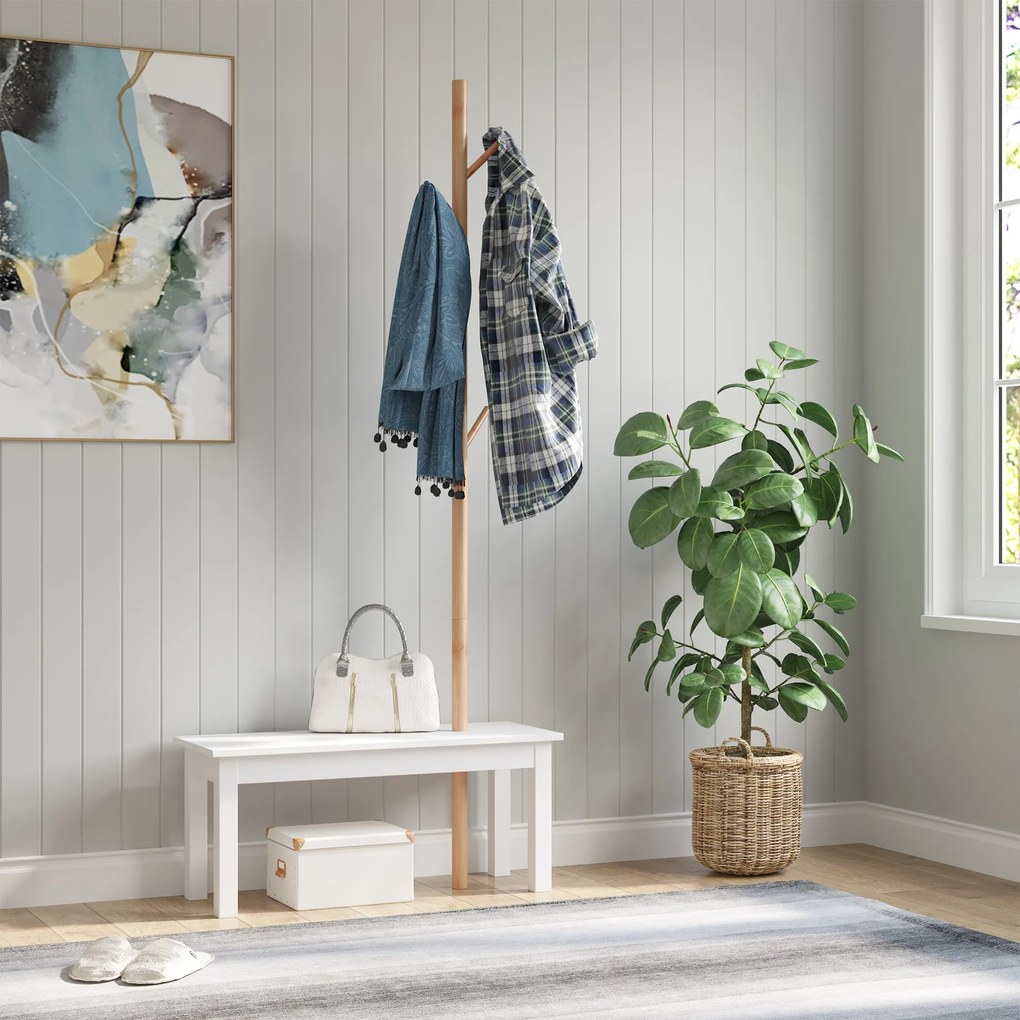 HOMCOM Bancă hol, cu un Cuier în Bambus, Design Modern, Spațiu de Depozitare, Alb și Lemn, 80x30x180 cm | Aosom Romania