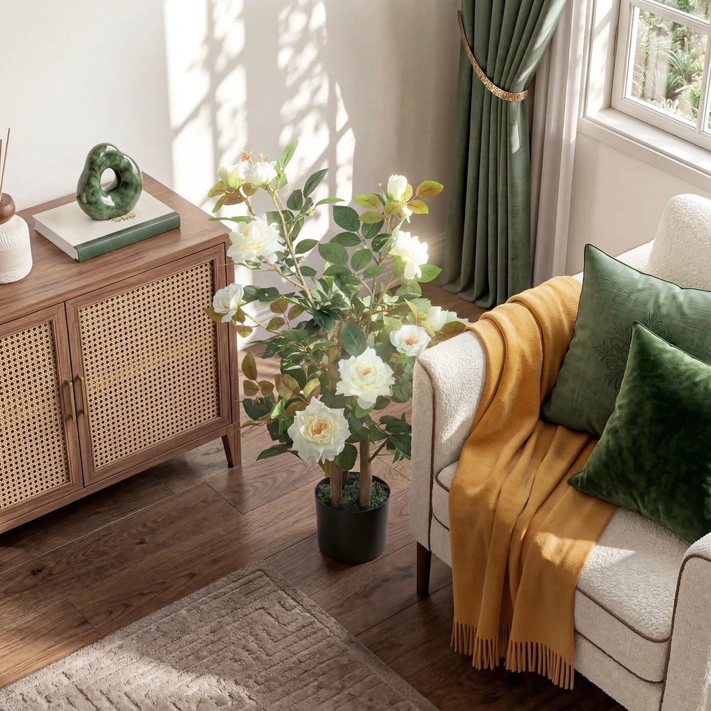 HOMCOM Trandafir Artificial cu 17 Flori, 344 Frunze Mătase, Decor Interior Exterior, 15x15x90 cm, Alb | Aosom Romania