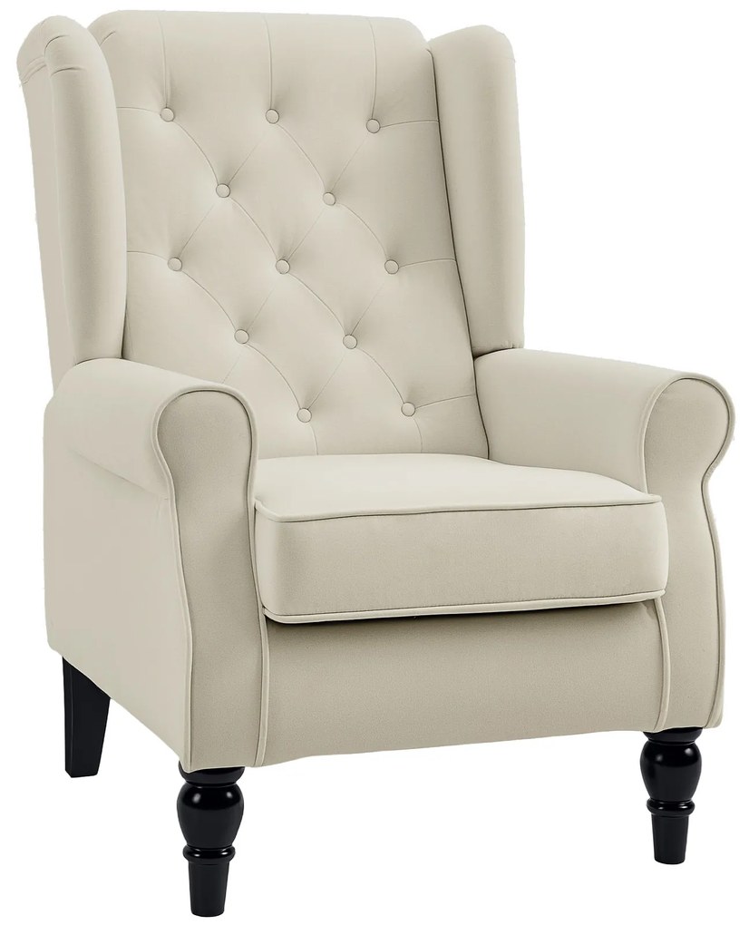 HOMCOM Scaun Decorativ Capitonat cu Spatar Inalt, Cotiere Rotunjite Captusite și Sezut cu Captuseala Groasa, Alb Crem | Aosom Romania