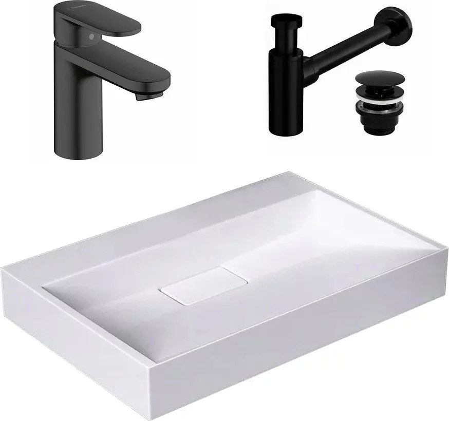 Pachet lavoar pe blat Rea Goya alb 60 cm, baterie lavoar Hansgrohe Vernis Blend 100 negru si ventil lavoar Click-Clack negru