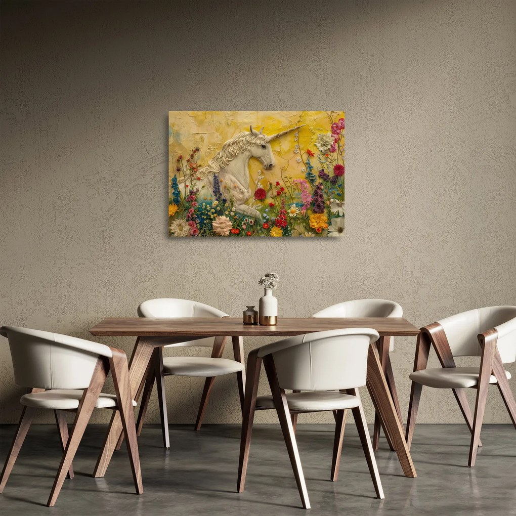 Tablou pe sticlă - Unicorn cu flori (70x50 cm)