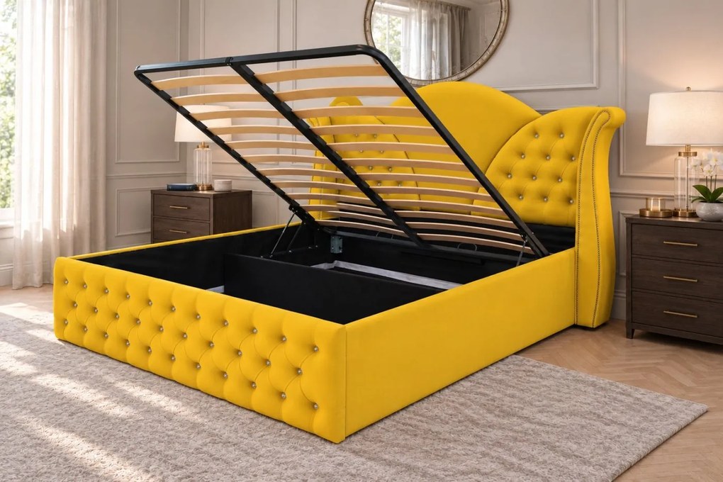 Pat tapițat Chesterfield din catifea Velora Cristal 180×200 cm, galben muștar, cu ladă de depozitare