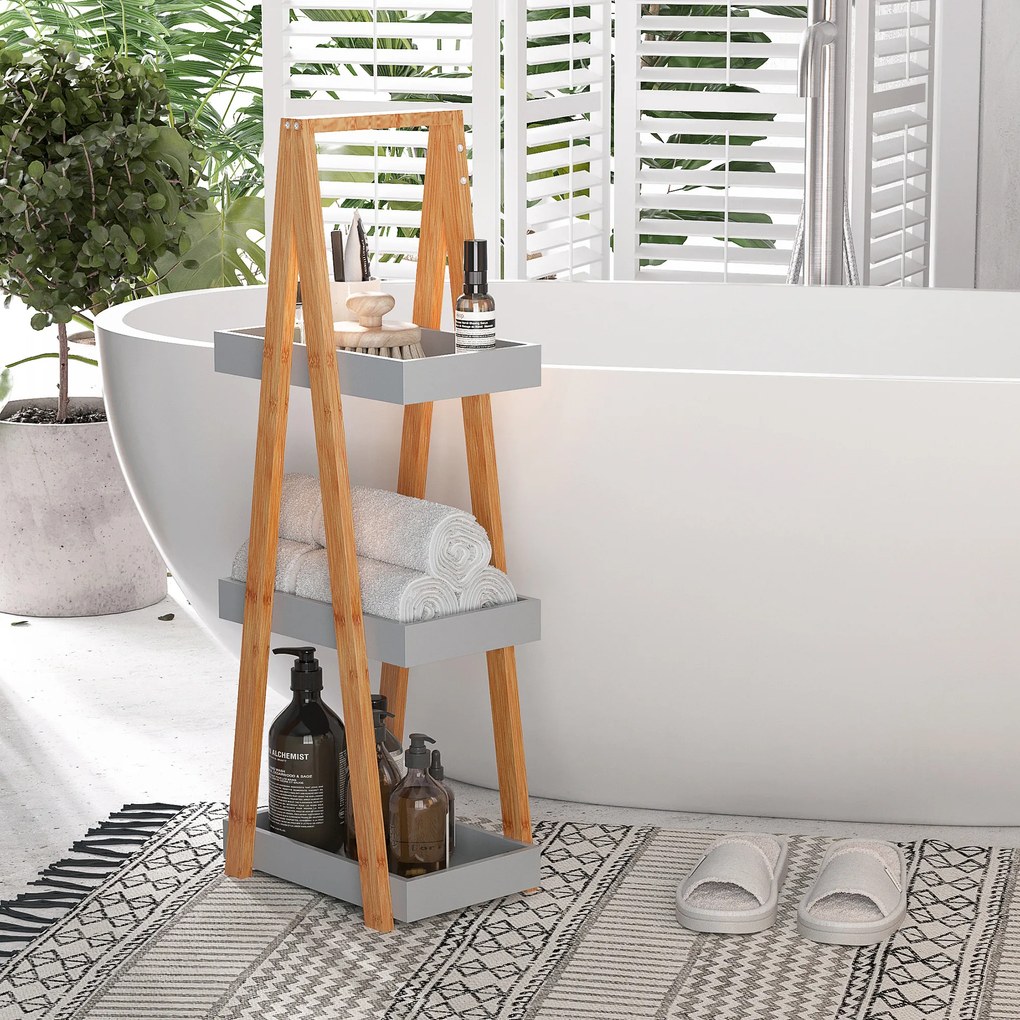 kleankin Raft Baie din MDF și Bambus, Soluție Depozitare Elegantă, 30x18x81 cm, Gri | Aosom Romania