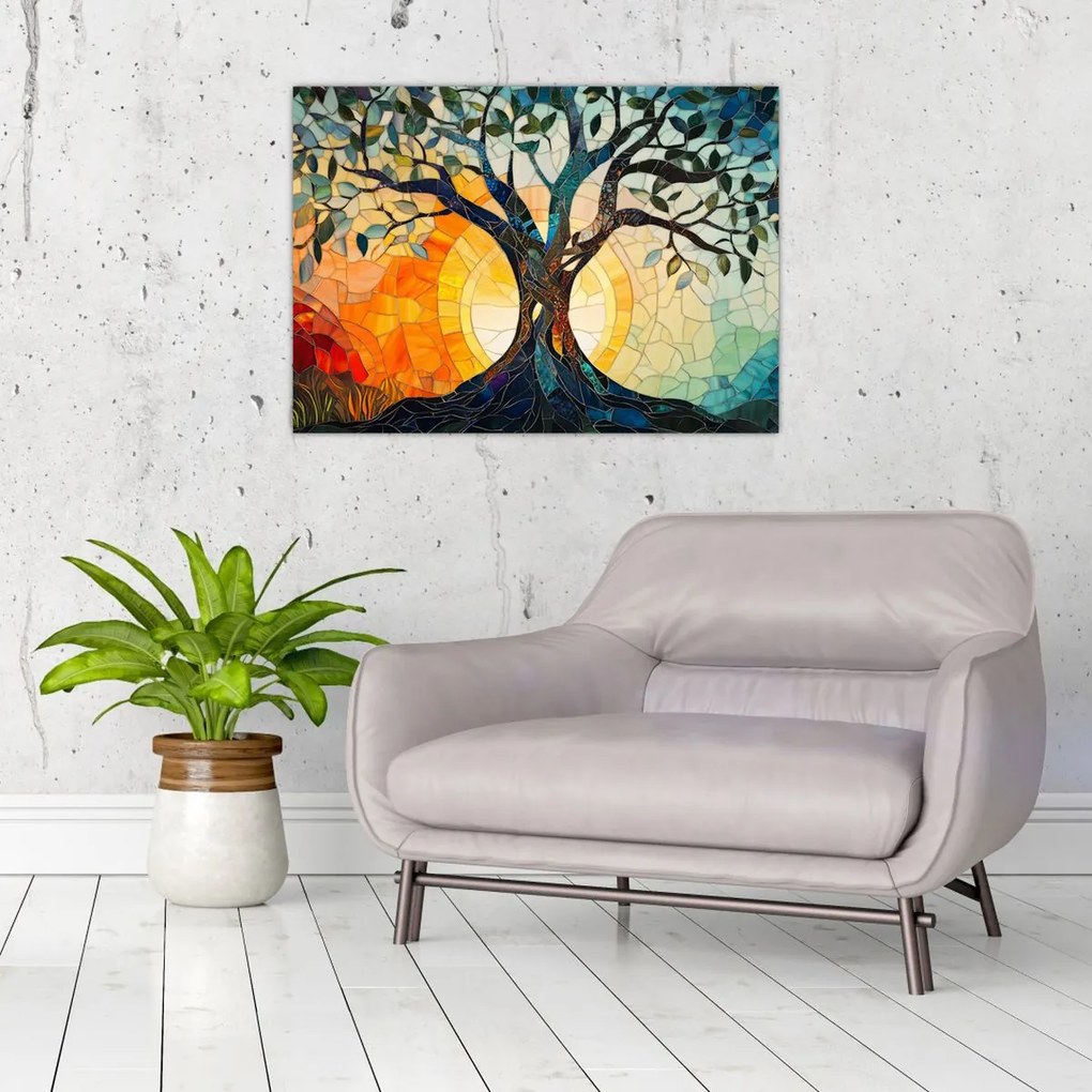 Tablou pe sticlă – Mozaic – soare și arbore I. (70x50 cm)