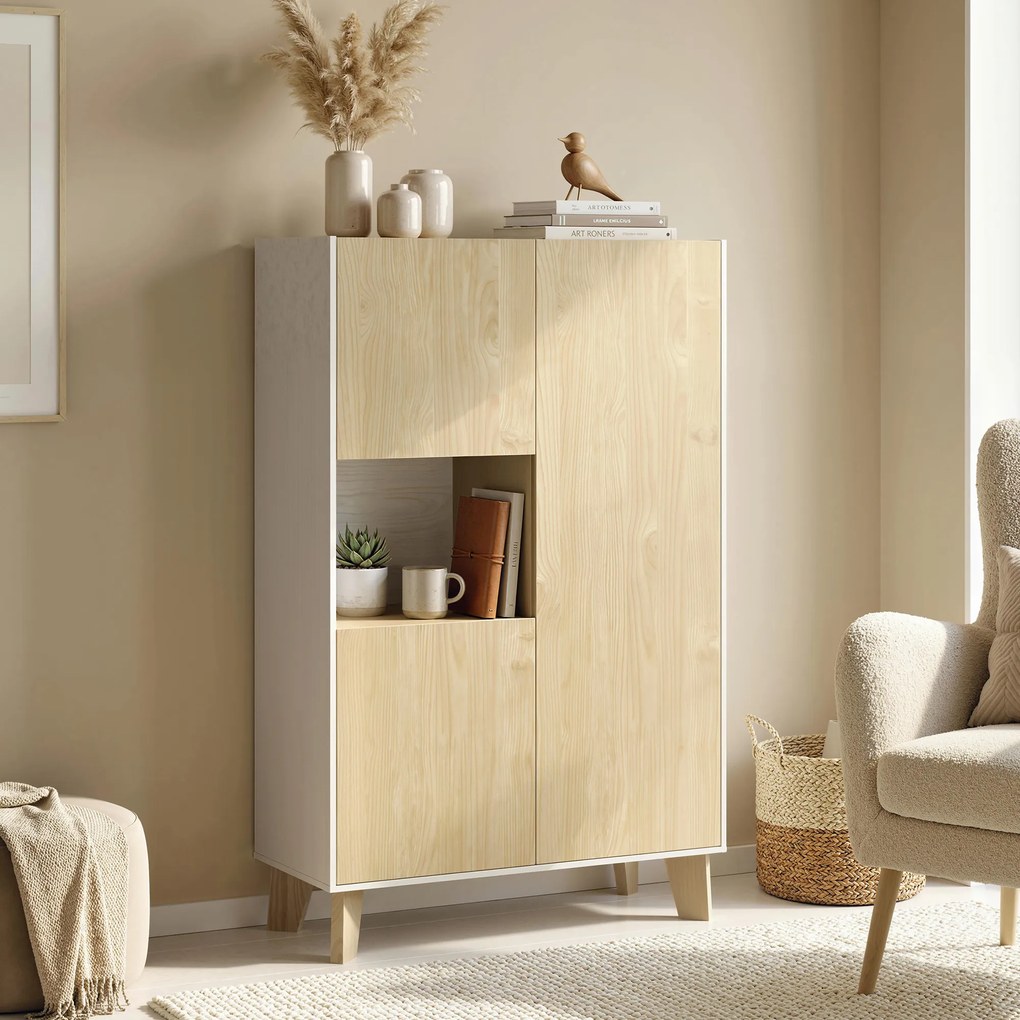 HOMCOM Bufet pentru living, mobilier de depozitare cu 6 compartimente și uși cu închidere amortizată, 80x40x135cm, alb și lemn natural | Aosom Romania