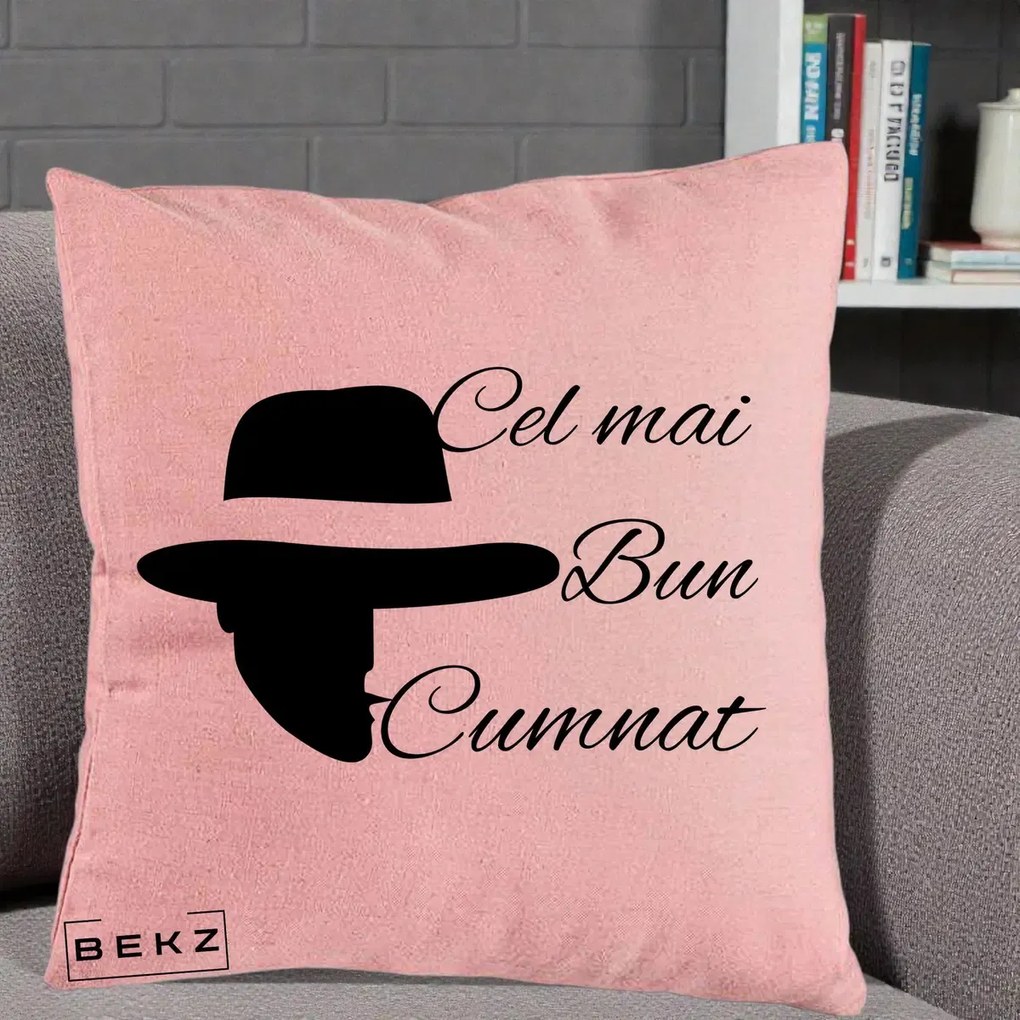 Cadou pentru Cumnat - Perna Personalizata Cel mai Bun Cumnat cu Silueta Palarie, 40x40 cm, Roz, Husa Detasabila, Perna Inclusa, BEKZ®