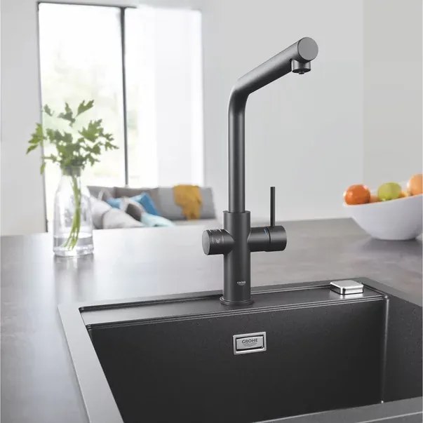 Baterie bucatarie Grohe Blue Home pipa tip L si Starter Kit negru mat