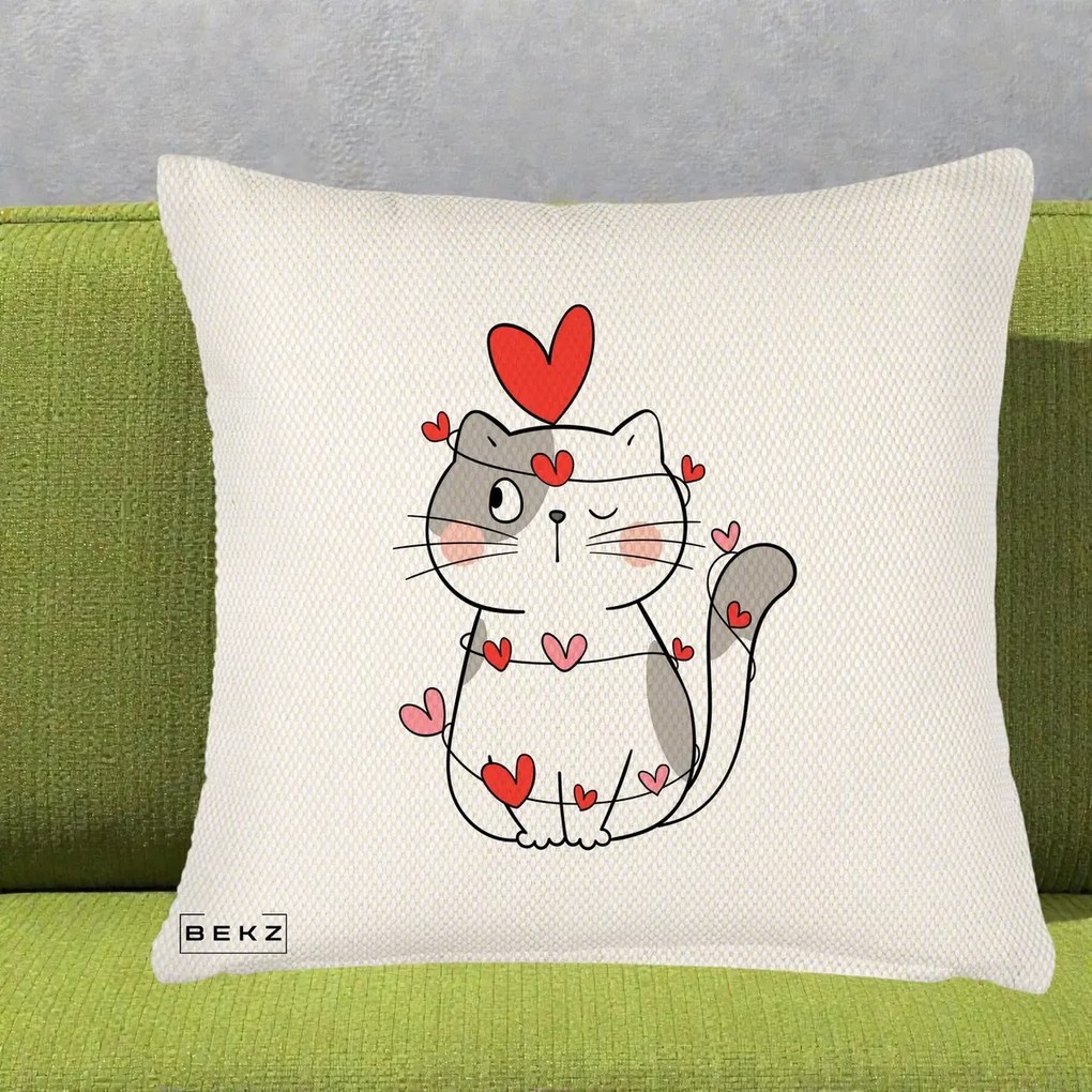 Perna Decorativa Pisica Kawaii cu Inimi, 40x40 cm, Crem Reliefat, Husa Detasabila, Perna Inclusa, BEKZ®
