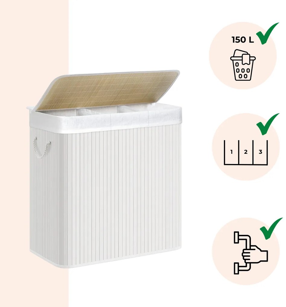 Coș de rufe de bambus DORA, 150L, alb Jurhan