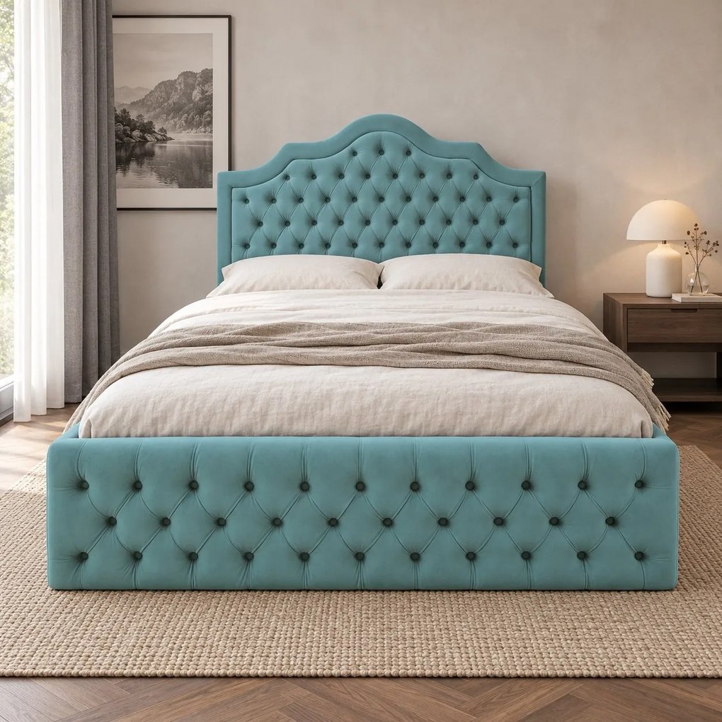 Pat tapițat din catifea Imperio cu nasturi 160×200 cm, verde marin, cu ladă de depozitare