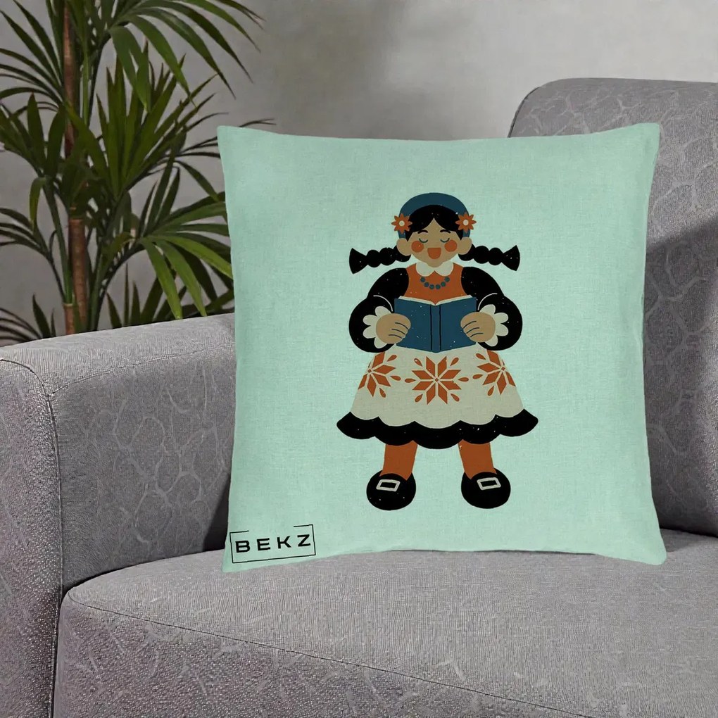Perna Personalizata Fetita cu Carte Ilustratie Folk, 40x40 cm, Verde Menta, Husa Detasabila, Perna Inclusa, BEKZ®