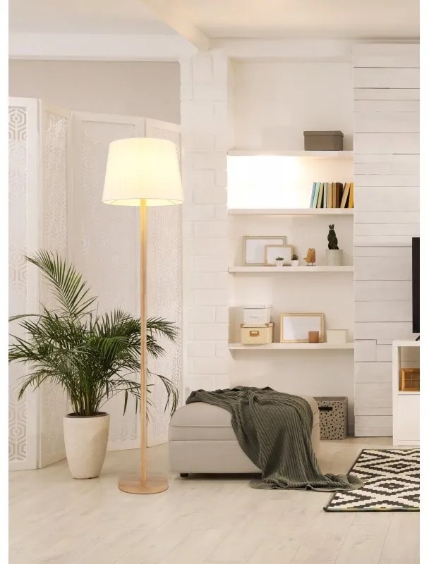 Lampadar de podea metal aspect lemn abajur textil alb JORIS