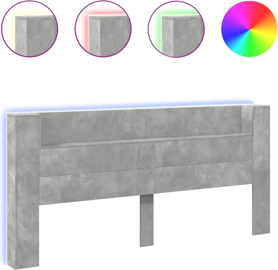 vidaXL Tăblie de pat cu dulap și LED, gri beton, 220x16,5x103,5 cm