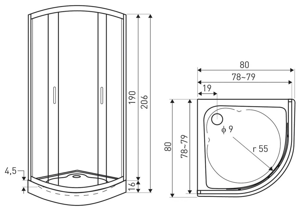 Soho Black 80 cabină de duș curbată cu tavă de duș Alan