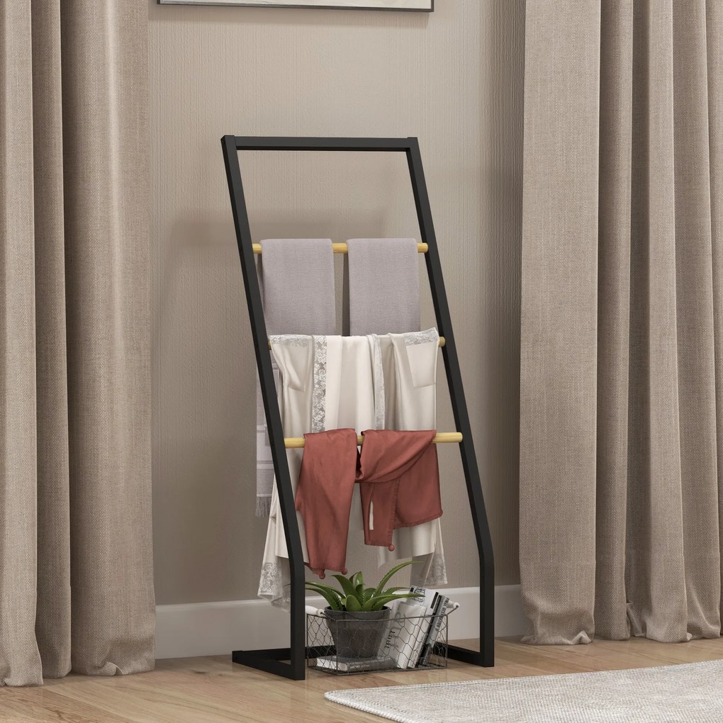 HOMCOM Raft Baie cu 4 Niveluri din Bambus, Suport Prosoape de Dodea Autoportant, 40,5x28x98 cm, Negru | Aosom Romania