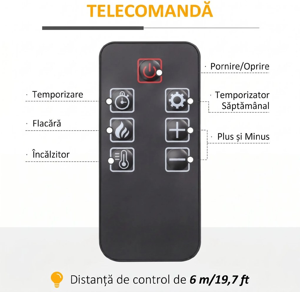 HOMCOM Șemineu Electric 1800W cu Efect de Flacără Reglabilă, Telecomandă și Timer | Aosom Romania