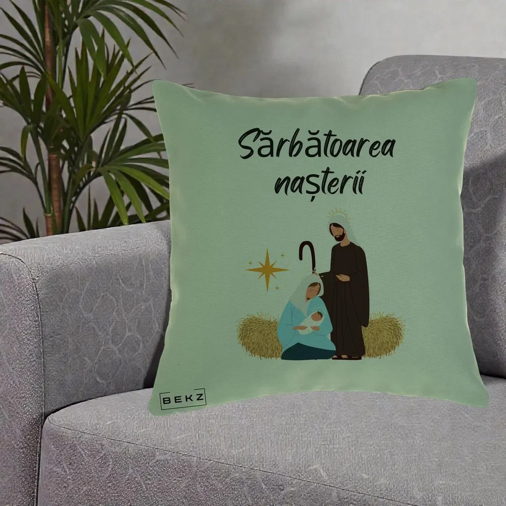 Perna Decorativa Nasterea Domnului Sfanta Familie Sarbatoarea Nasterii, 40x40 cm, Verde, Husa Detasabila, Perna Inclusa, BEKZ®