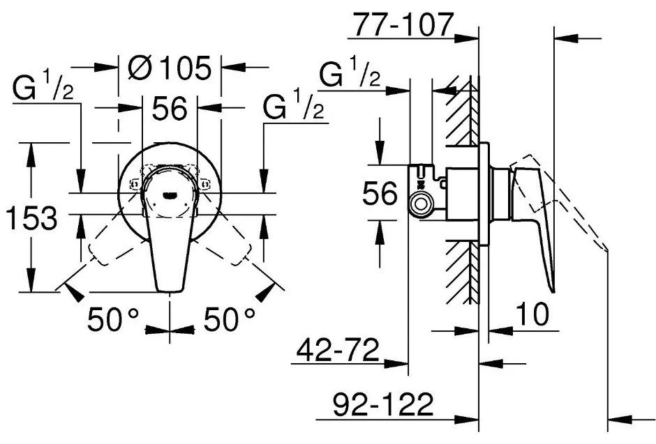 Baterie dus incastrata Grohe BauEdge New,1/2'',  monocomanda, crom - 29040001