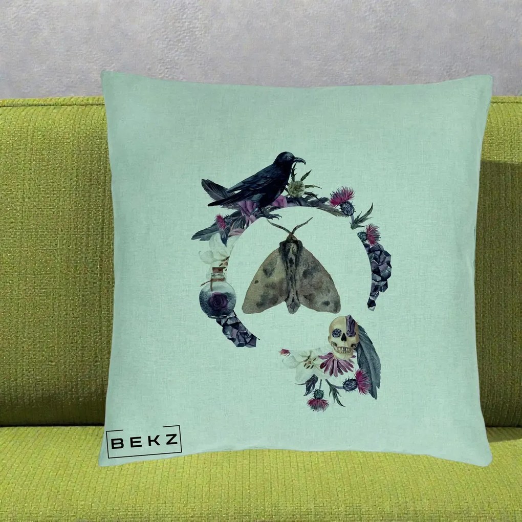 Perna Decorativa Gothic Wreath Corb Moliu Craniu, 40x40 cm, Verde Menta, Husa Detasabila, Perna Inclusa, BEKZ®