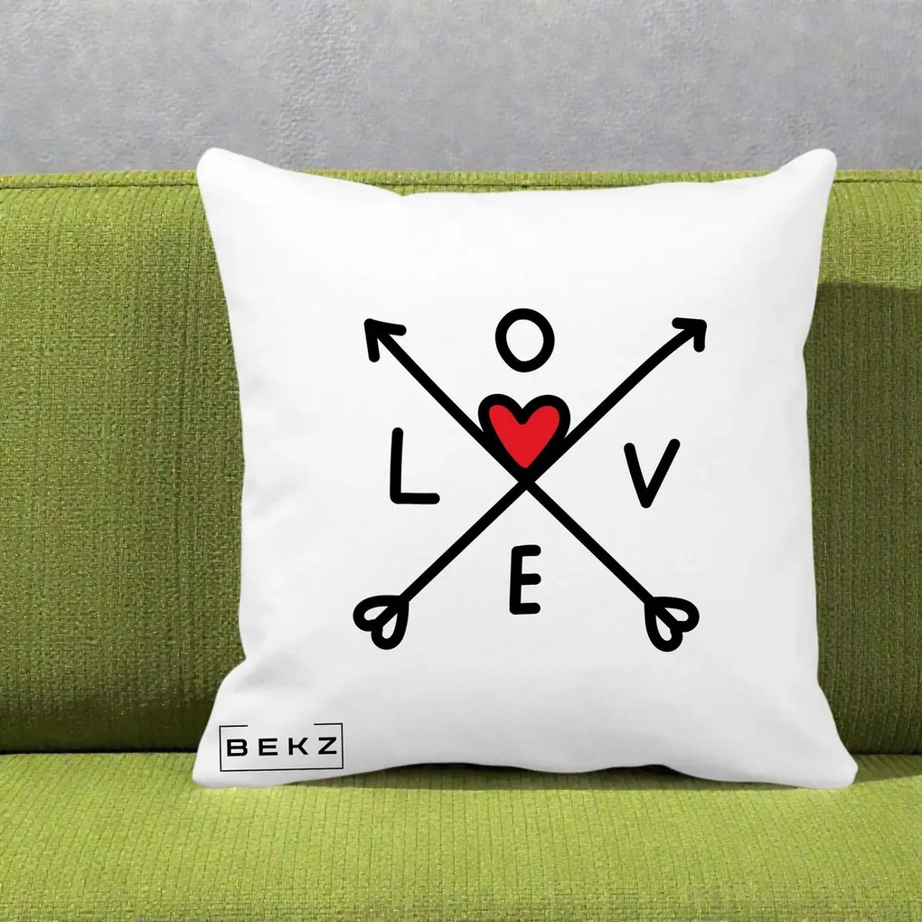 Perna Decorativa Love cu Sageti Incrucisate si Inima Rosie, 40x40 cm, Alba Mata, Husa Detasabila, Perna Inclusa, BEKZ®