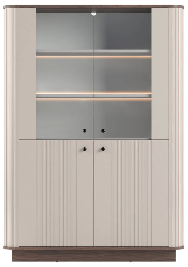 Vitrină cu patru uși pe soclu Vesper 103 cm - cașmir / nuc / mânere negre