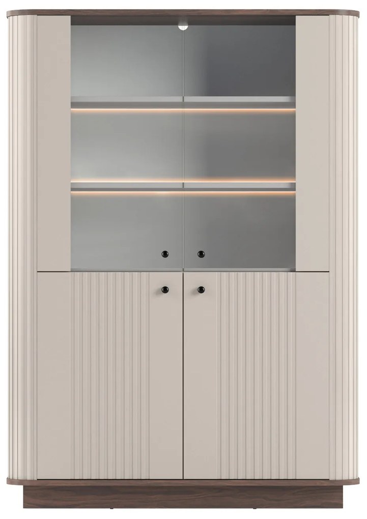 Vitrină Vesper 103 cm cu 4 uși - cașmir / nuc / mânere negre