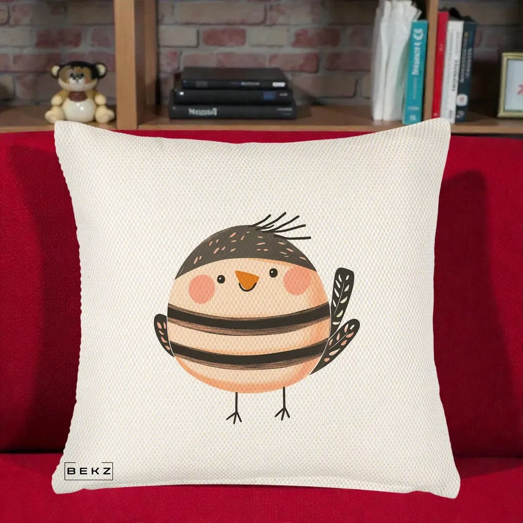 Perna Decorativa Pui Kawaii Bej-Negru Dungat, 40x40 cm, Crem Reliefat, Husa Detasabila, Perna Inclusa, BEKZ®