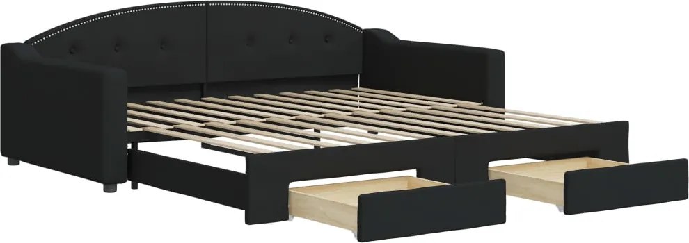 vidaXL Pat de zi cu extensie și sertare, negru, 100x200 cm, textil