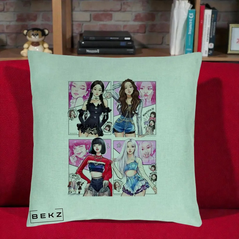 Perna Personalizata K-pop BLACKPINK Fanart Manga Benzi Desenate 4 Membre, 40x40 cm, Verde Menta, Husa Detasabila, Perna Inclusa, BEKZ®