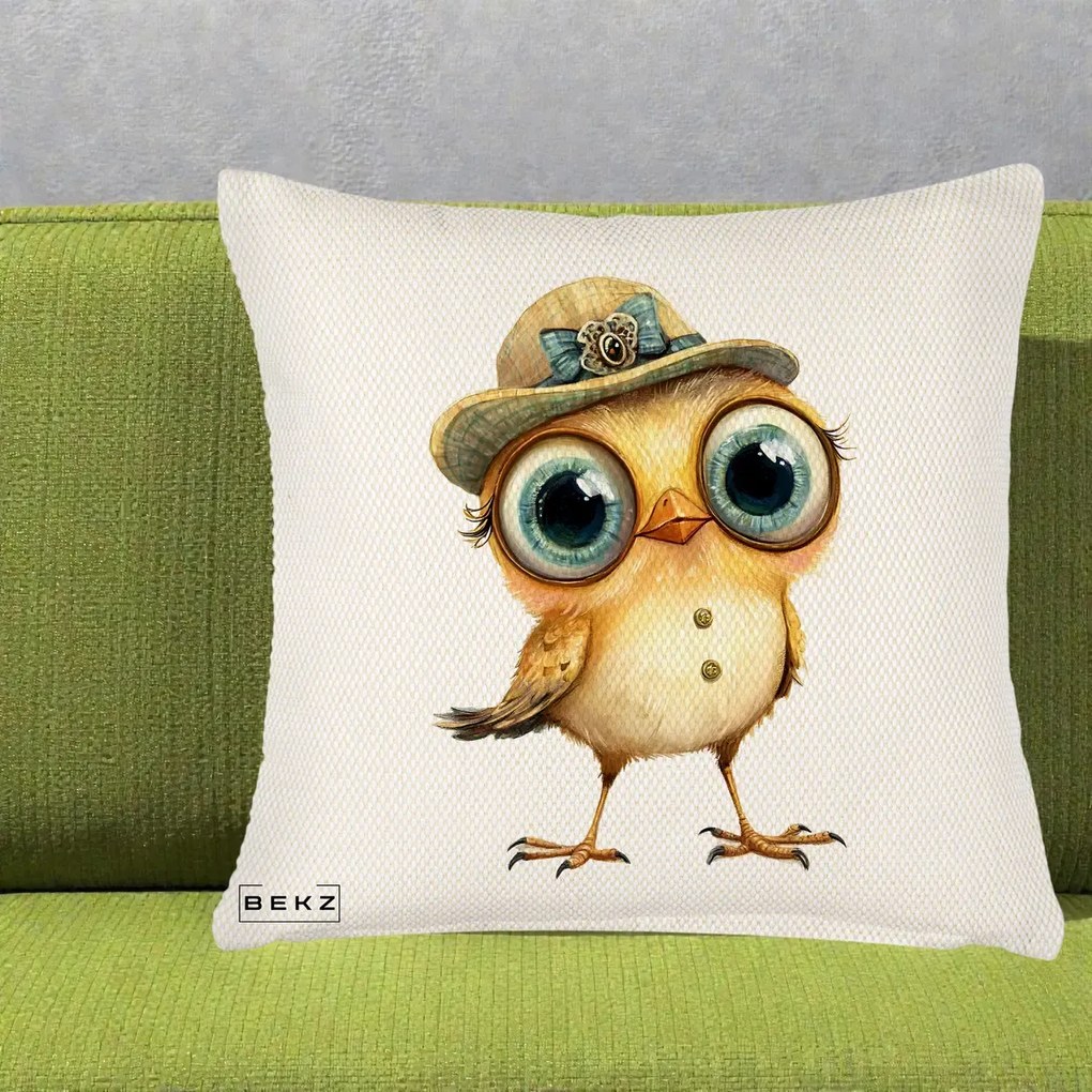 Perna Decorativa Pui Elegant cu Palarie Teal, 40x40 cm, Crem Reliefat, Husa Detasabila, Perna Inclusa, BEKZ®