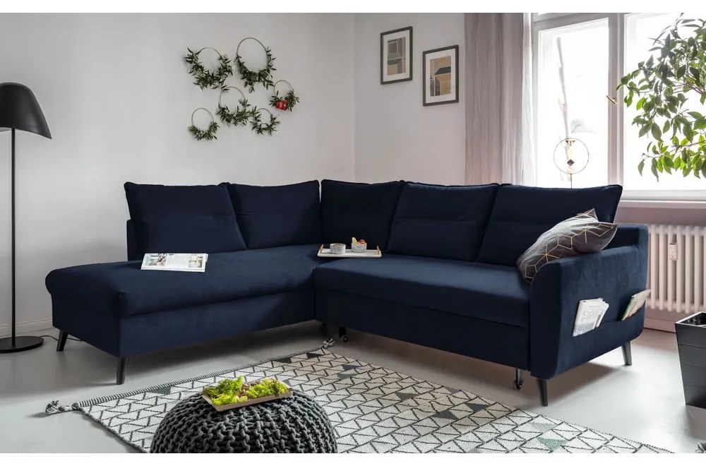 Colțar extensibil din catifea cu șezlong pe partea stângă Miuform Stylish Stan L, albastru deschis