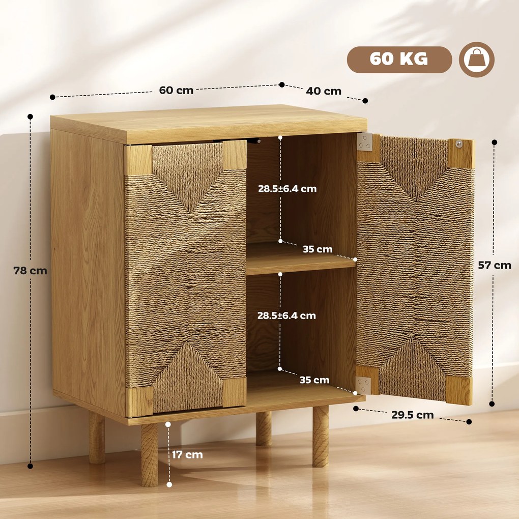 HOMCOM Bufet boem cu 2 uși cu sfoară împletită manual, raft reglabil, deschidere prin apăsare, stejar, 60x40x78 cm | Aosom Romania