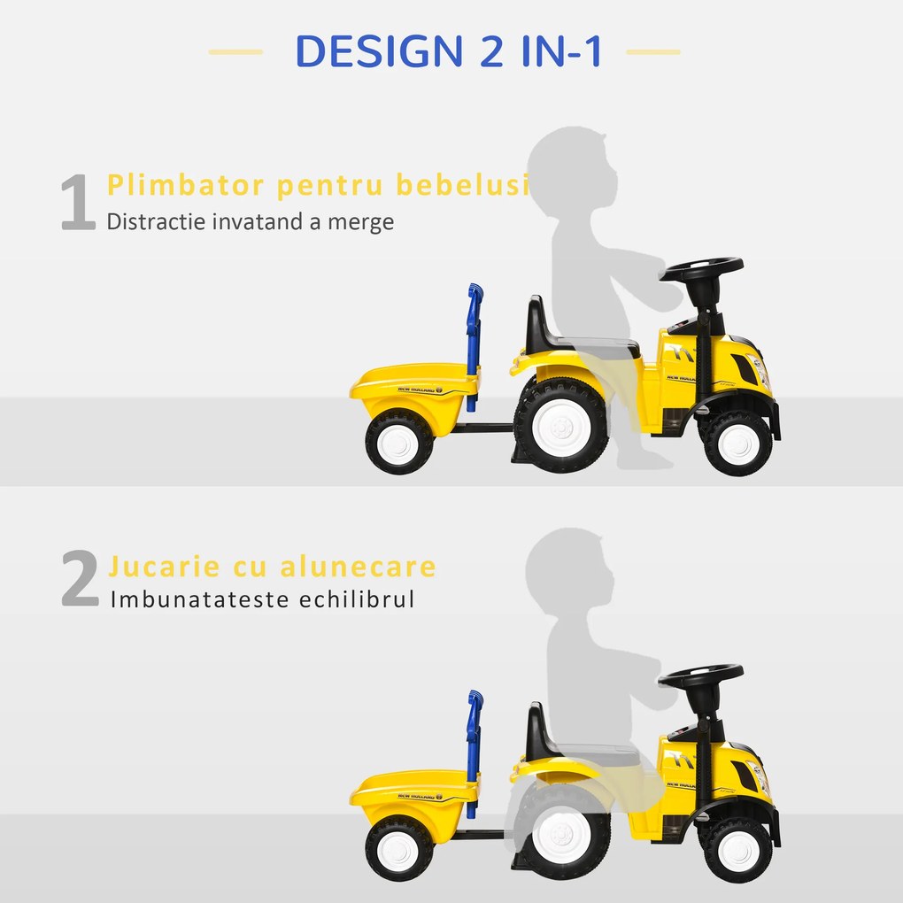 Tractor pentru Copii 12-36 Luni HOMCOM, Prevazut cu Loc cu Remorca, Grebla si Lopata, Joc Educativ, 91x29x44cm, Galben | Aosom Romania