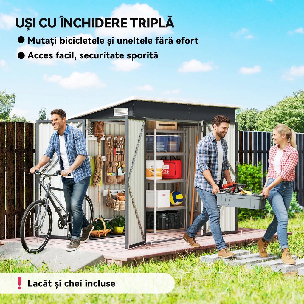 Outsunny Șopron de Grădină 2.68m² din Oțel Galvanizat cu 3 Uși Blocabile, Șopron cu Guri de Aerisire, Acoperiș Înclinat și Mănuși, Depozitare Unelte, 234x132x185 cm, Gri Închis | Aosom Romania