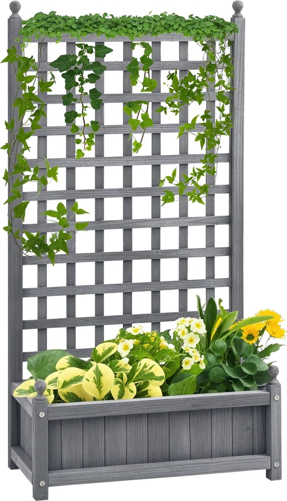 Outsunny jardinieră înălțată cu spalier, jardinieră pentru flori, arc pentru trandafiri cu suport pentru plante cățărătoare, lemn, gri, 64 x 28 x 120 cm | Aosom Romania