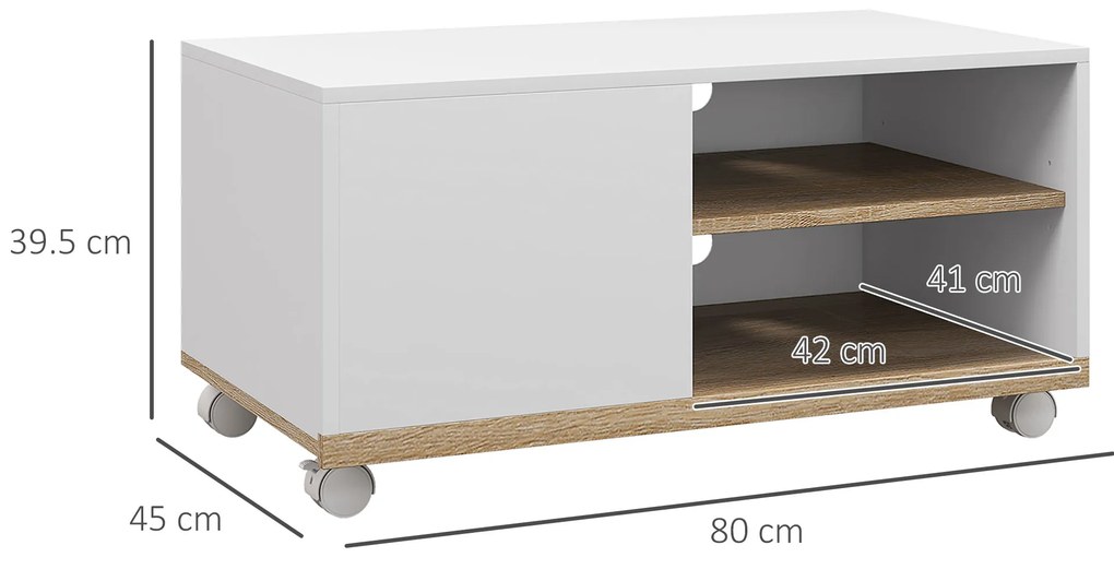 HOMCOM Dulap TV 42" Max cu 2 Rafturi deschise si Usa, Dulap TV Jos din PAL cu Roti, 80x45x39.5 cm, Alb | Aosom Romania