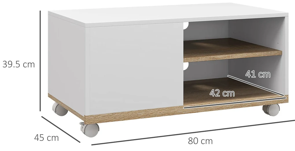 HOMCOM Dulap TV 42" Max cu 2 Rafturi deschise si Usa, Dulap TV Jos din PAL cu Roti, 80x45x39.5 cm, Alb | Aosom Romania