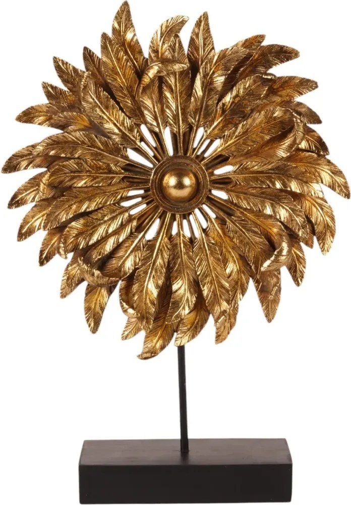 Ornament decorativ din polirășină, auriu, pană pe bază, finisaj antichizat, 36,5 x 26 x 8 cm, „Plumetis”