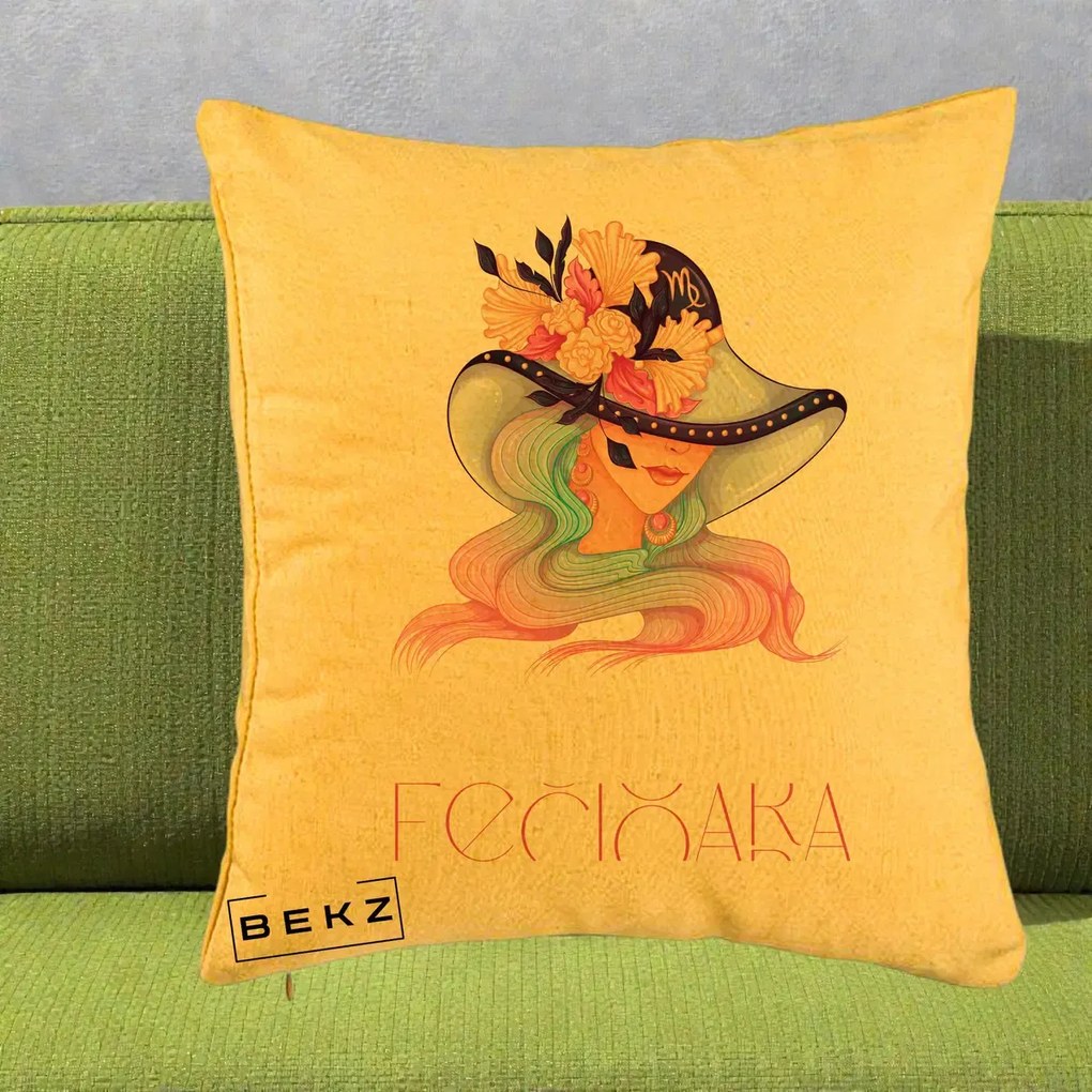Perna Personalizata Zodie Fecioara, 40x40 cm, Galben, Husa Detasabila, Perna Inclusa, BEKZ®