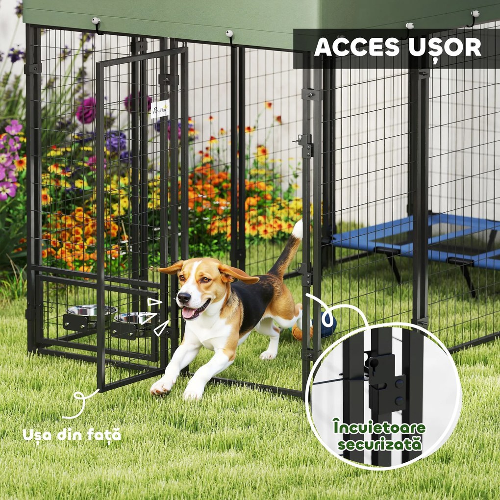 PawHut Țarc pentru Câini de Exterior din Oțel cu Acoperiș din Material Oxford, Anti-UV, Impermeabil, 2 Boluri, Verde | Aosom Romania