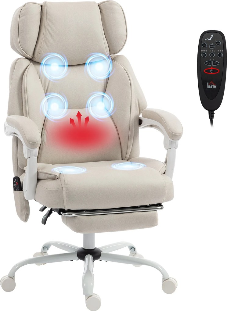 HOMCOM Scaun de birou cu spătar înalt cu masaj prin vibrații și încălzire, ergonomic, rabatabil, cu suport pentru picioare, alb crem | Aosom Romania