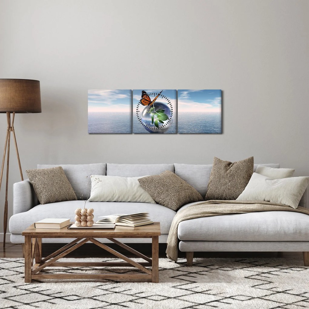 Tablou cu fluture pe bilă din sticlă (cu ceas) (90x30 cm)