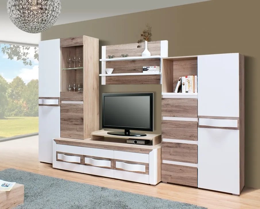 Living PASSIONATA Z.A , 5 corpuri, cu lumini LED, corp PAL sonoma, fronturi MDF alb lucios, 300x60x198 cm