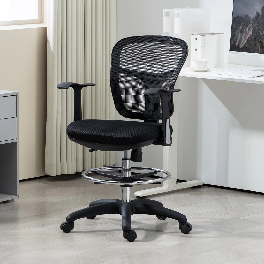 HOMCOM Scaun de Birou Rotativ cu Inel pentru Sprijinirea Picioarelor și Spătar Curbat, 55x58x94 cm, Negru | Aosom Romania
