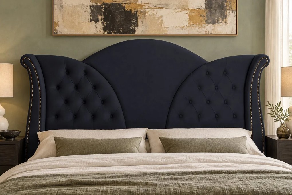 Pat tapițat Chesterfield din catifea Velora Deluxe Classic 180×200 cm, negru, cu ladă de depozitare