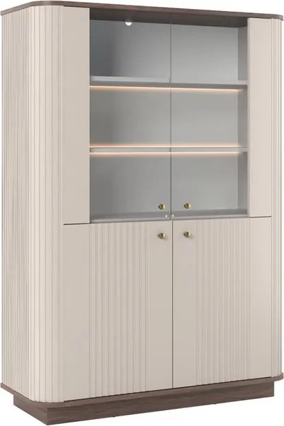 Vitrină Vesper 103 cm cu 4 uși - cașmir / nuc / mânere aurii